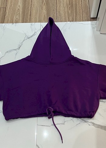 Mor Kapüşonlu Kadın Crop Sweatshirt