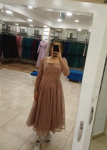 Abiye Pembe Nakışlı Uzun Kollu Abiye Elbise