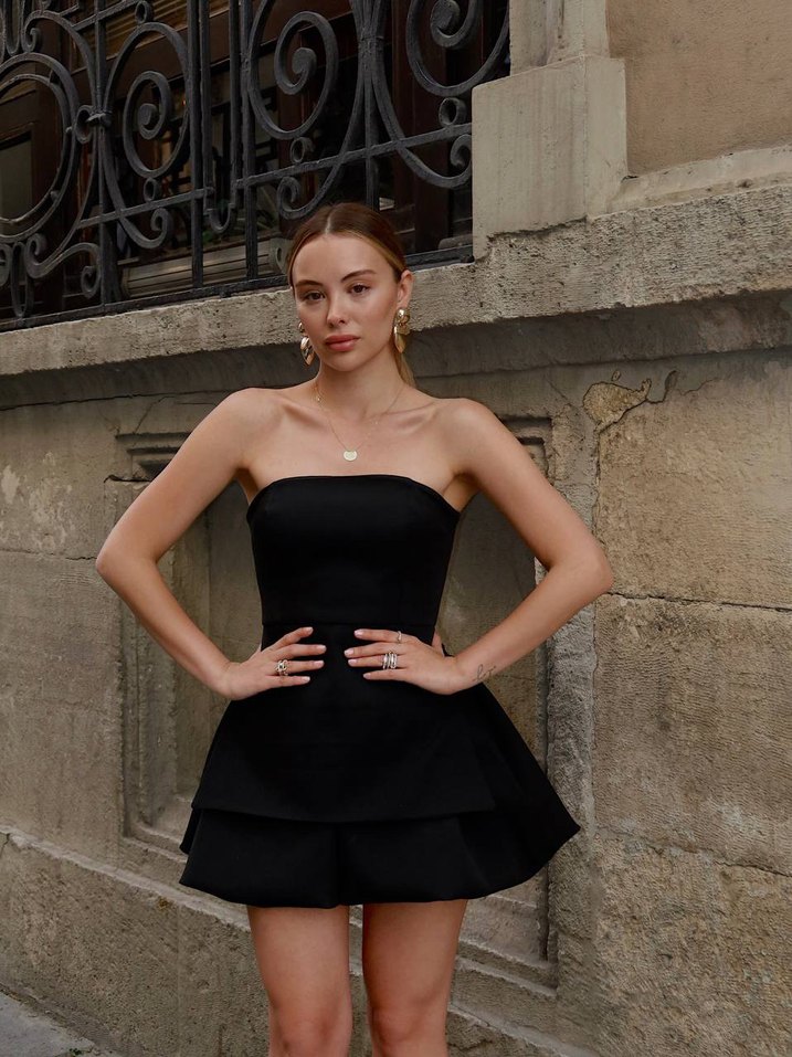 Siyah Straplez yaka balon etek Elbise - Görsel 2