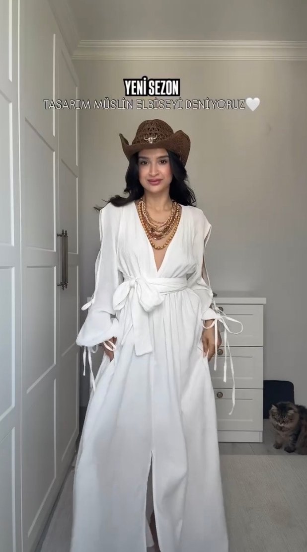 Müslin kumaş V yaka Beyaz Bohem Uzun elbise - Görsel 2