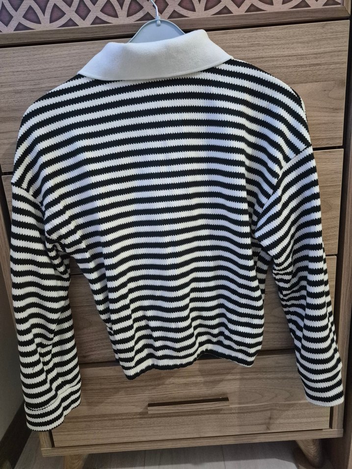 Uzun Kollu Yakalı Çizgili Kadın Kazak - Görsel 2