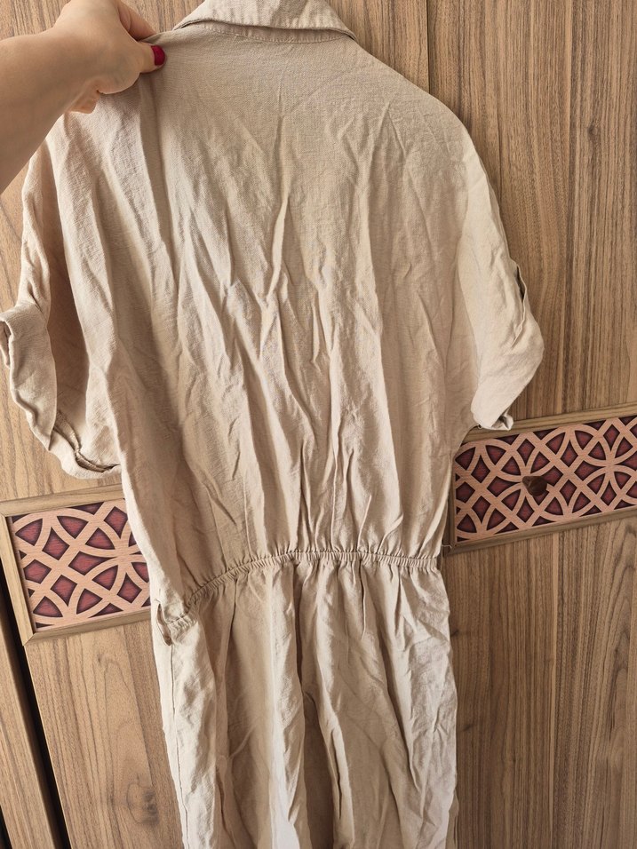 Bej Düğmeli  Keten Bohem Elbise - Görsel 2