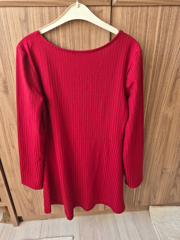Kırmızı Kadın Triko Bluz, Uzun Kollu, Tek Renk - Görsel 2