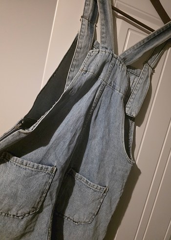 Kızlar için Gri Bol Kesim Denim Salopet - Görsel 4