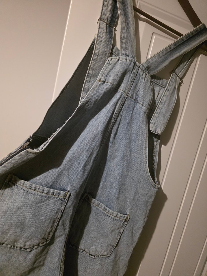 Kızlar için Gri Bol Kesim Denim Salopet - Görsel 4