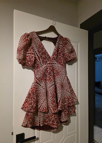 Bordo V Yaka Fırfırlı Mini Elbise - Görsel 2