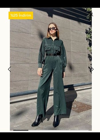 Kadın Koyu Haki Deri Kemerli Tulum - Görsel 2