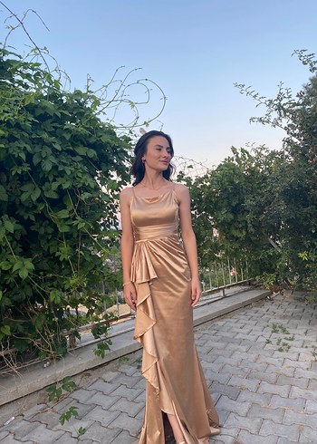 Zara Drapeli Uzun Gold Abiye Elbise