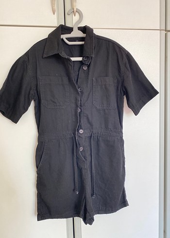 Düğmeli Siyah Denim Kısa Tulum