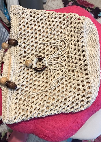 Bej Püsküllü Örgü Bohem Kadın Çanta - Görsel 4