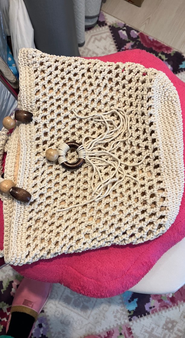 Bej Püsküllü Örgü Bohem Kadın Çanta - Görsel 4