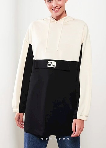 Kadın Siyah Beyaz Kapüşonlu Sweatshirt - Görsel 5