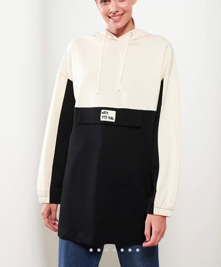 Kadın Siyah Beyaz Kapüşonlu Sweatshirt - Görsel 5