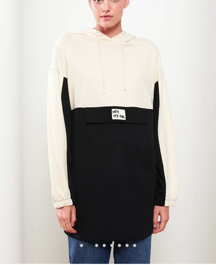 Kadın Siyah Beyaz Kapüşonlu Sweatshirt - Görsel 4