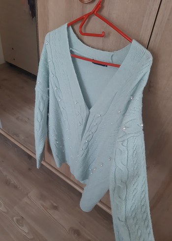 Mavi V Yaka Örgü Kadın Hırka - Görsel 5