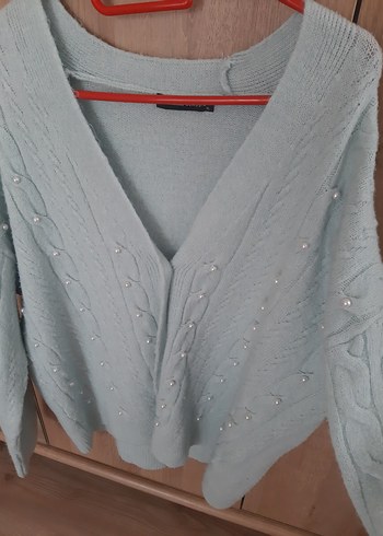 Mavi V Yaka Örgü Kadın Hırka - Görsel 3