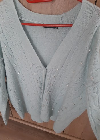 Mavi V Yaka Örgü Kadın Hırka - Görsel 4