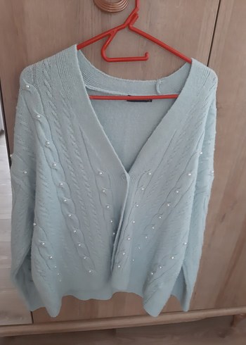 Mavi V Yaka Örgü Kadın Hırka - Görsel 2