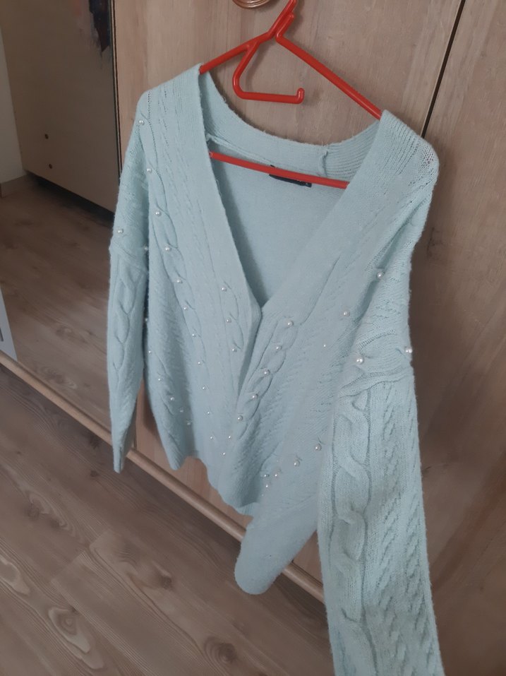 Mavi V Yaka Örgü Kadın Hırka - Görsel 5