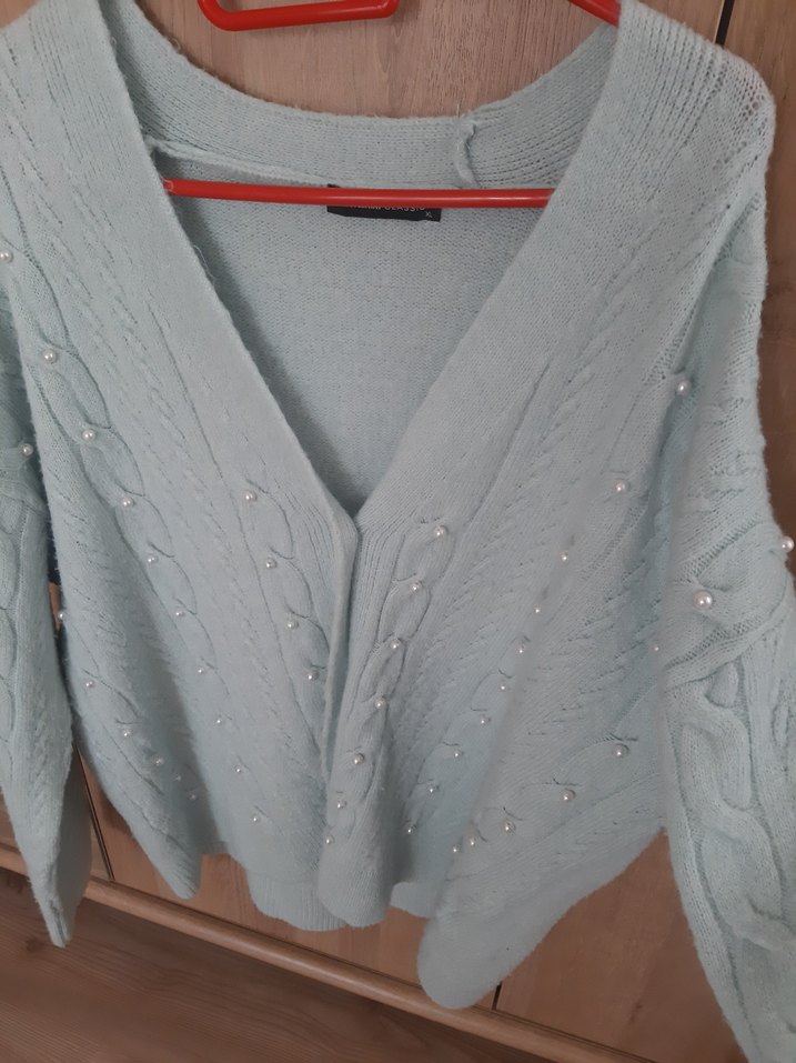 Mavi V Yaka Örgü Kadın Hırka - Görsel 3