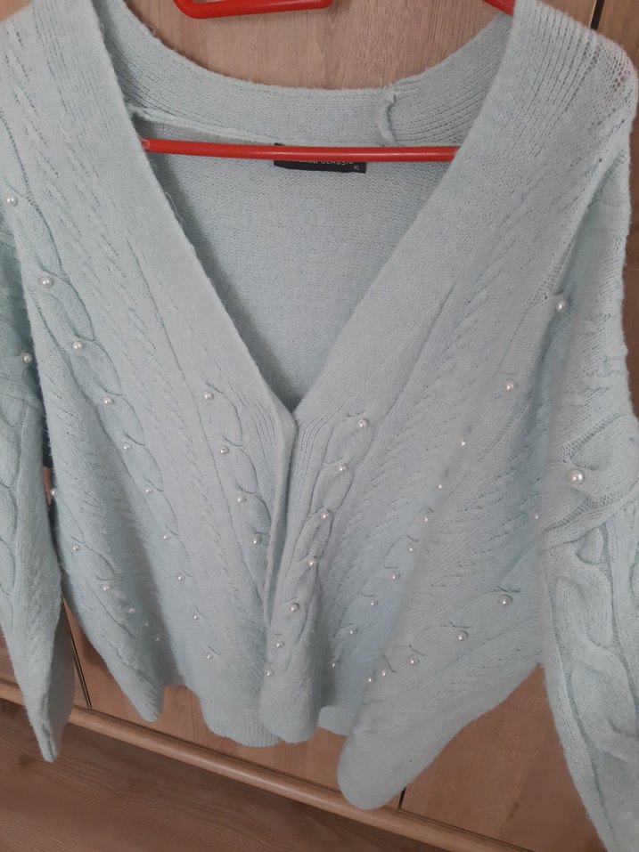 Mavi V Yaka Örgü Kadın Hırka - Görsel 4