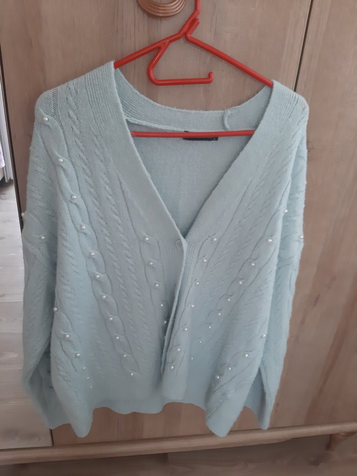 Mavi V Yaka Örgü Kadın Hırka - Görsel 2