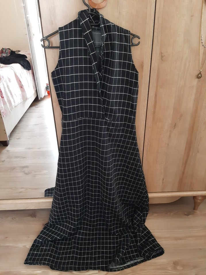 Drapeli Ekose Uzun Elbise - Görsel 2