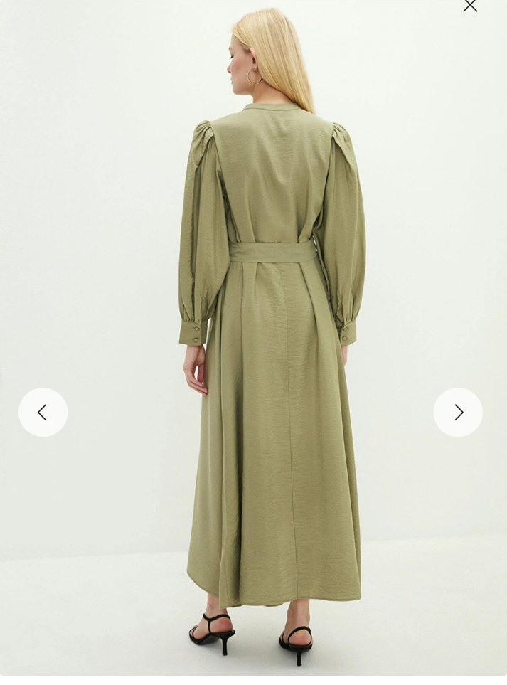 Kadın Keten Haki Uzun Elbise - Görsel 4