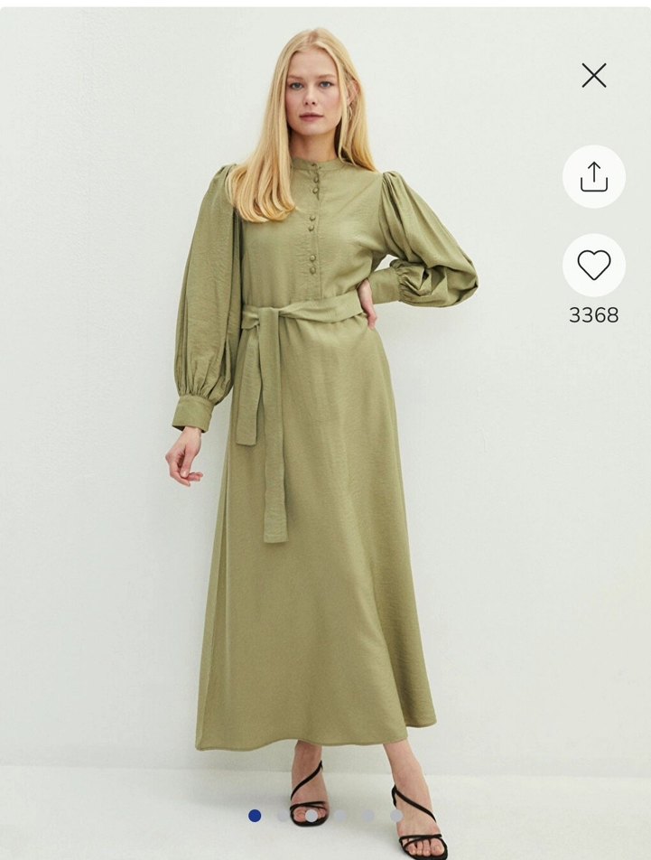 Kadın Keten Haki Uzun Elbise - Görsel 2