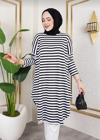 Uzun Kollu Zebra Desenli Pamuklu Tunik - Görsel 3