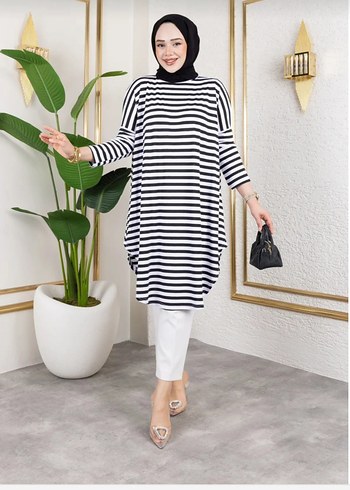 Uzun Kollu Zebra Desenli Pamuklu Tunik - Görsel 2