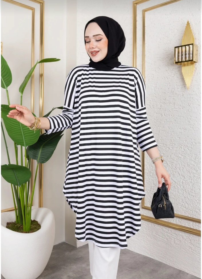 Uzun Kollu Zebra Desenli Pamuklu Tunik - Görsel 3