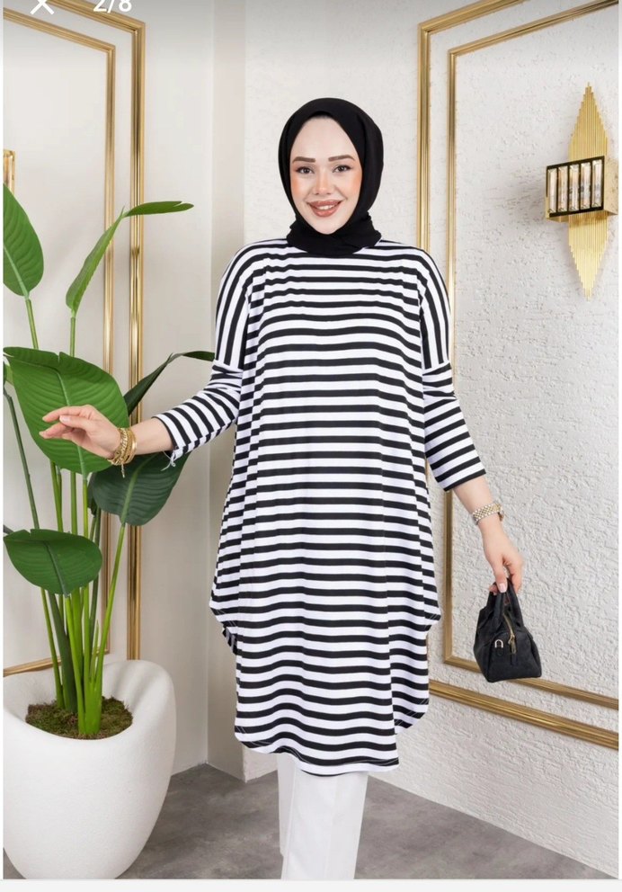 Uzun Kollu Zebra Desenli Pamuklu Tunik - Görsel 4