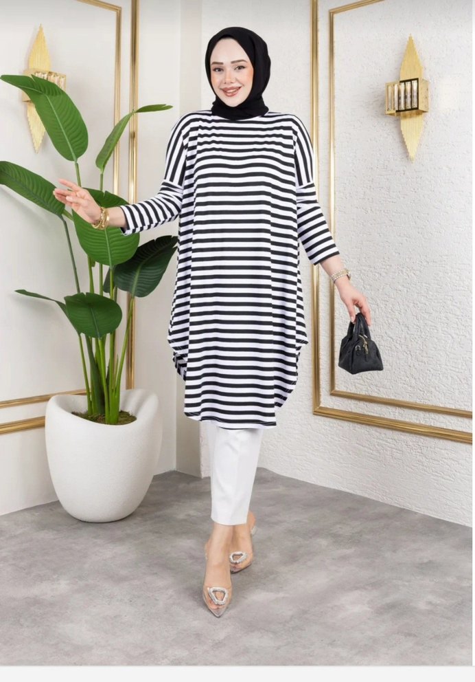 Uzun Kollu Zebra Desenli Pamuklu Tunik - Görsel 2