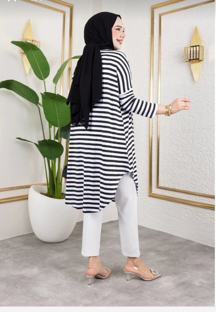 Uzun Kollu Zebra Desenli Pamuklu Tunik - Görsel 5