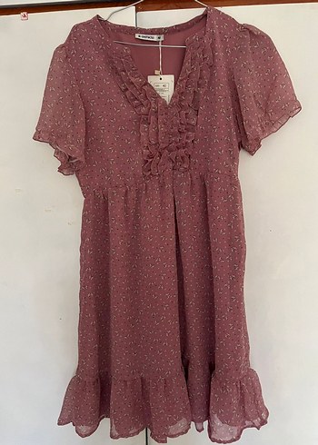 Bordo Midi Bohem Volanlı Elbise