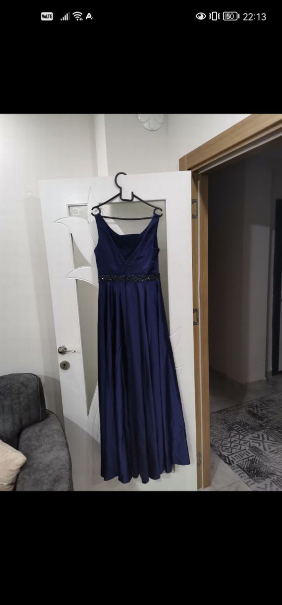 Lacivert Drapeli Uzun Yırtmaçlı Abiye Elbise - Görsel 2