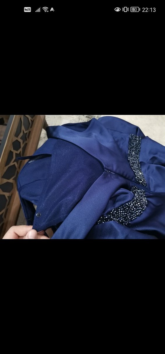 Lacivert Drapeli Uzun Yırtmaçlı Abiye Elbise - Görsel 3