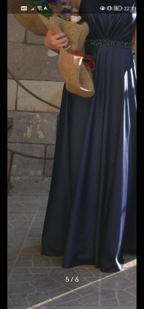 Lacivert Drapeli Uzun Yırtmaçlı Abiye Elbise - Görsel 5