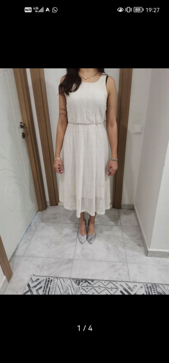 Dantel Detaylı Astarlı Beyaz Midi Örme Elbise - Görsel 3