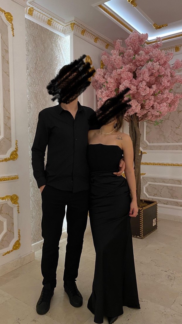 Uzun Siyah Straplez  Nişan Elbisesi - Görsel 2