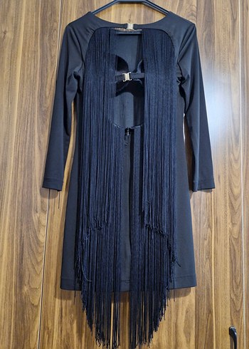 Uzun Kollu Siyah püsküllü sırt dekolteli gece elbise - Görsel 2