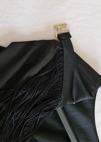 Uzun Kollu Siyah püsküllü sırt dekolteli gece elbise - Görsel 9