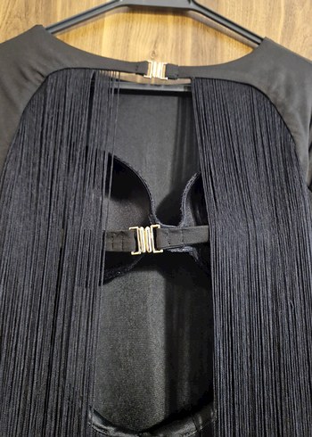 Uzun Kollu Siyah püsküllü sırt dekolteli gece elbise - Görsel 4