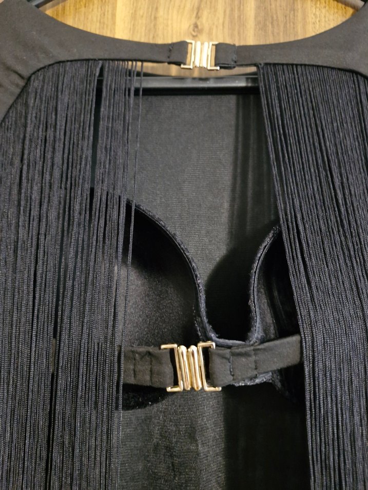 Uzun Kollu Siyah püsküllü sırt dekolteli gece elbise - Görsel 5