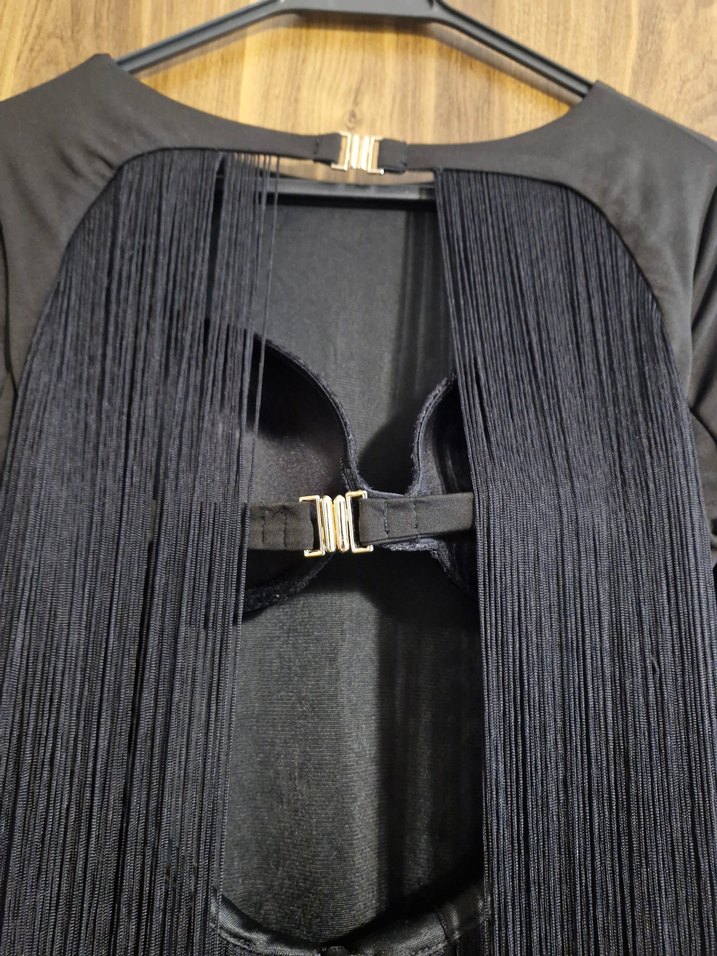 Uzun Kollu Siyah püsküllü sırt dekolteli gece elbise - Görsel 4