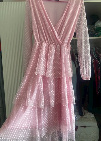 Diğer Puantiyeli Pembe Uzun Kollu Uzun Elbise