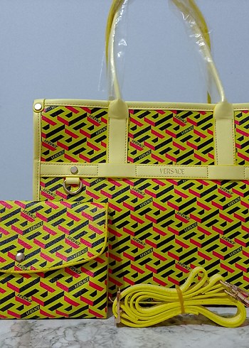 Sarı Versace Baskılı Kadın Çanta Seti