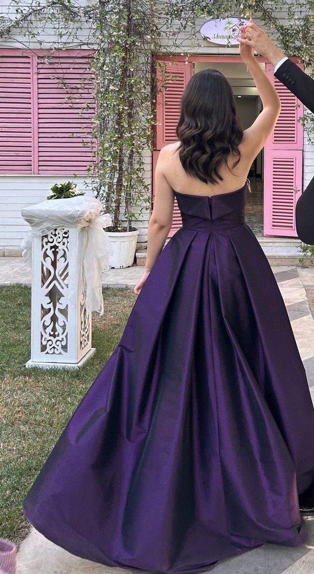 Mor Straplez Drapeli Uzun Abiye Elbise - Görsel 3