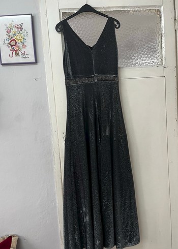 xl Beden siyah Renk Siyah Parlak V Yaka Uzun Abiye Elbise